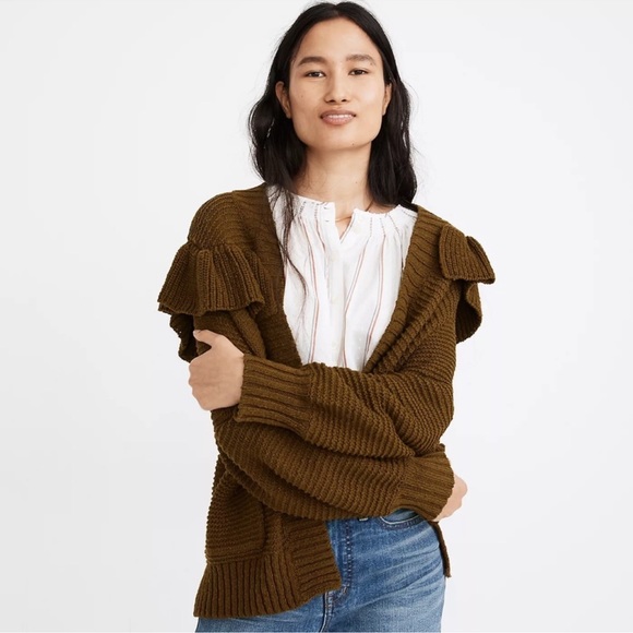 Madewell Olive Green Ruffle Cardigan Size Medium - Picture 1 of 8